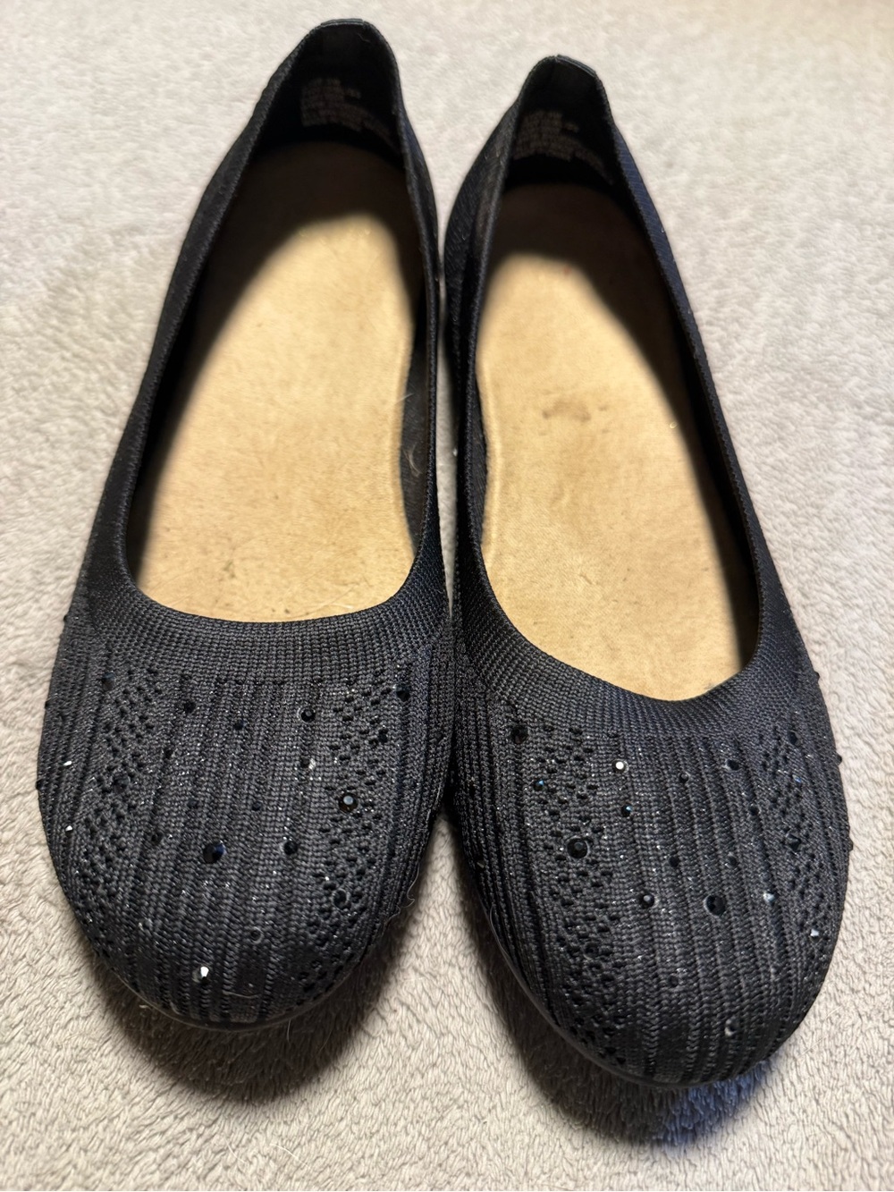 Women's Black Knit Ballet Flats with Subtle Gem Accents